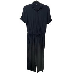 European Culture Button Front Wide Leg Jumpsuit Short Sleeve Collared Black S